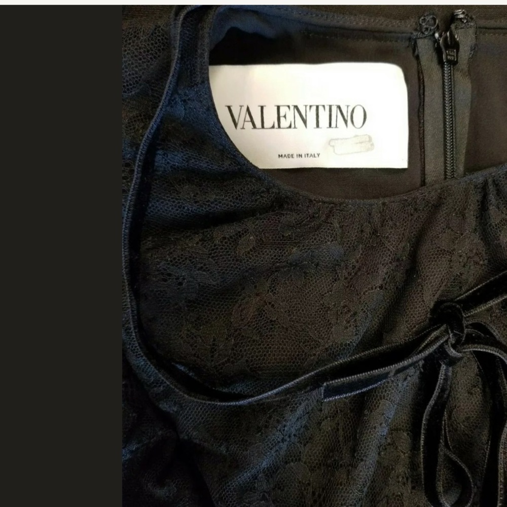 VALENTINO Black Lace Velvet Bow Ruffle Midi Dress - Picture 8 of 8